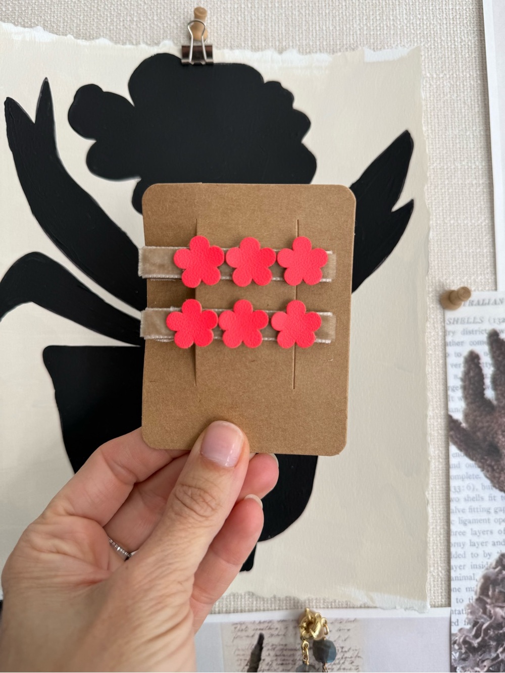 Velvet and leather flower hair clips set set of 2